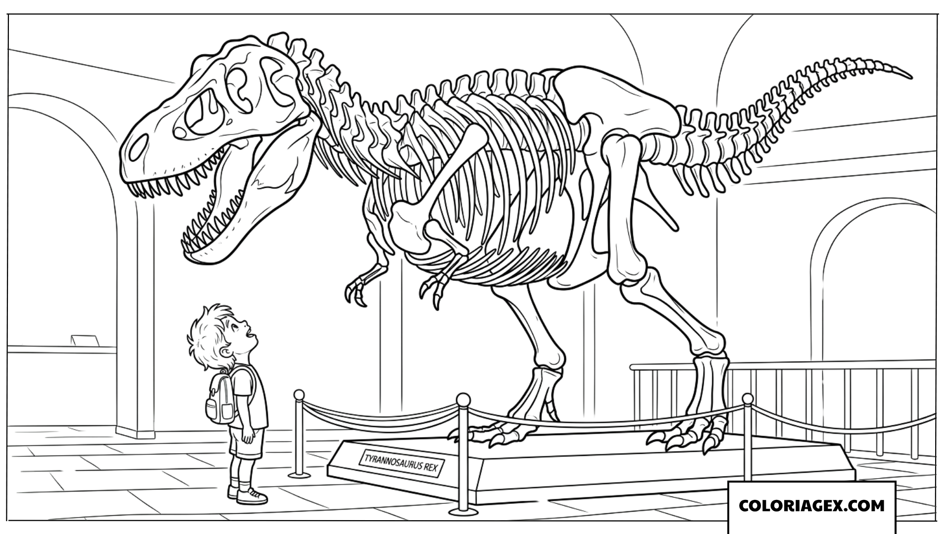 Dessin enfant admirant le squelette de T Rex au musee a colorier