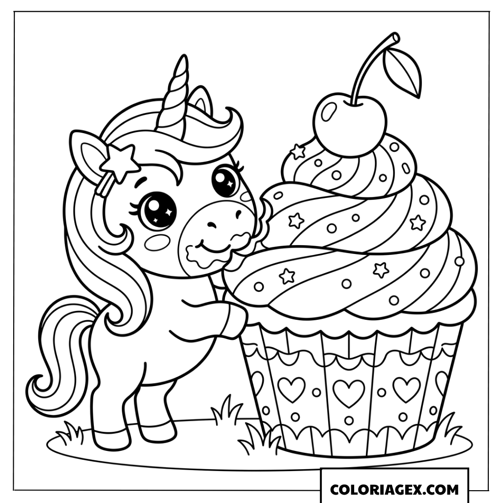 Dessin licorne gourmande à côté d'un cupcake géant
