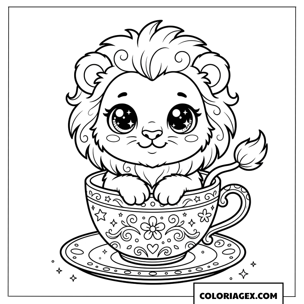 Dessin mignon de lionceau dans une tasse de the coloree
