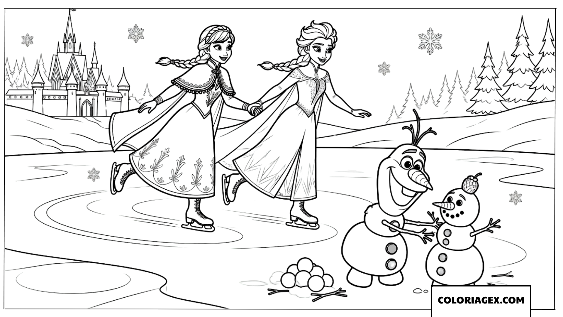 Elsa Anna et Olaf patinant ensemble sur la glace