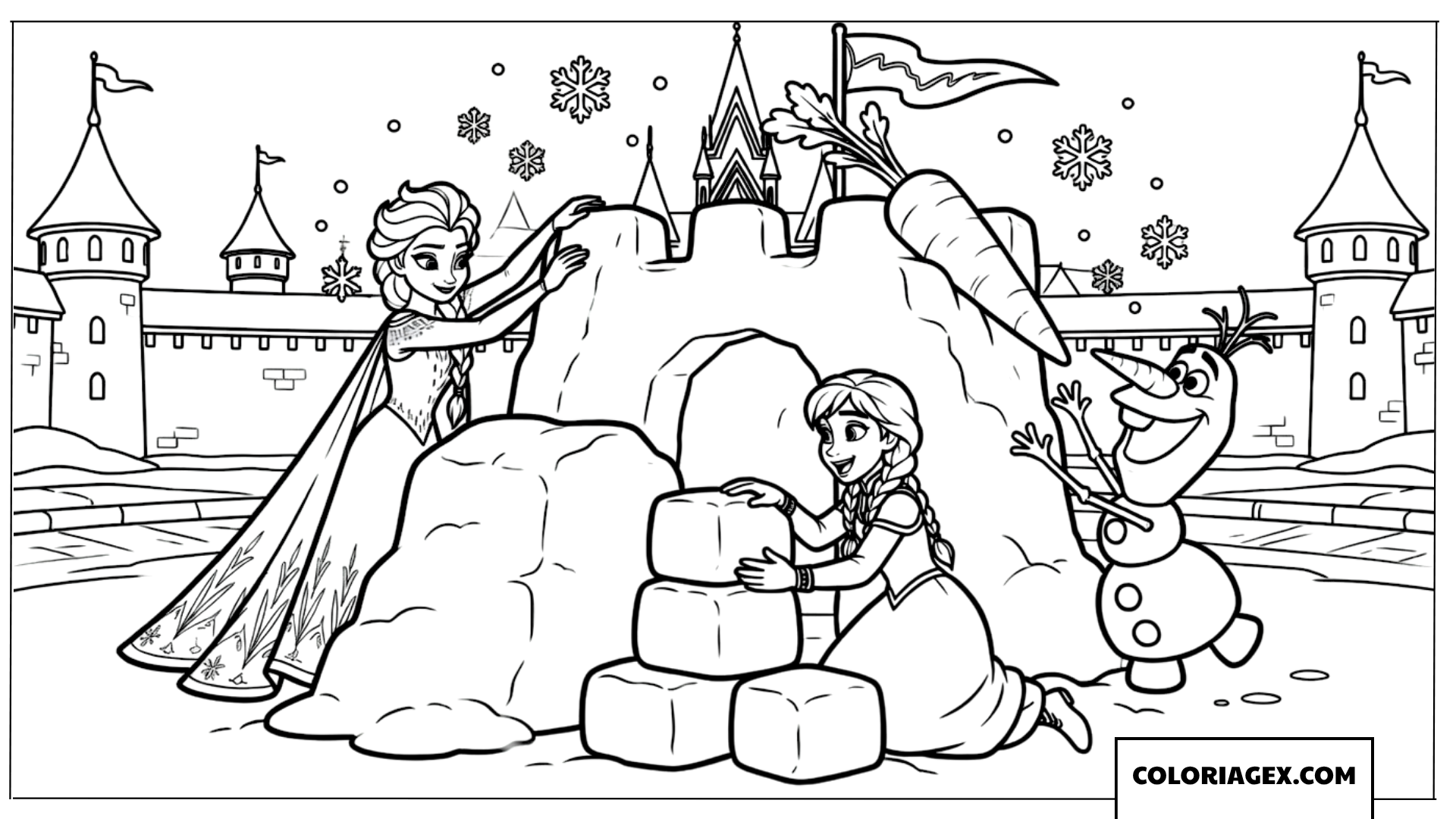 Elsa et Anna construisant un fort de neige avec Olaf