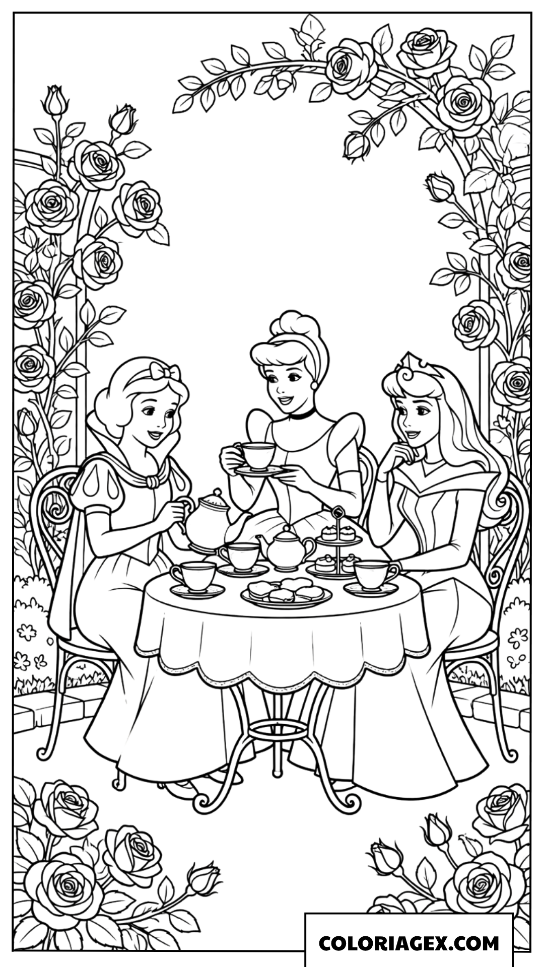 Le goûter élégant de trois princesses Disney à colorier