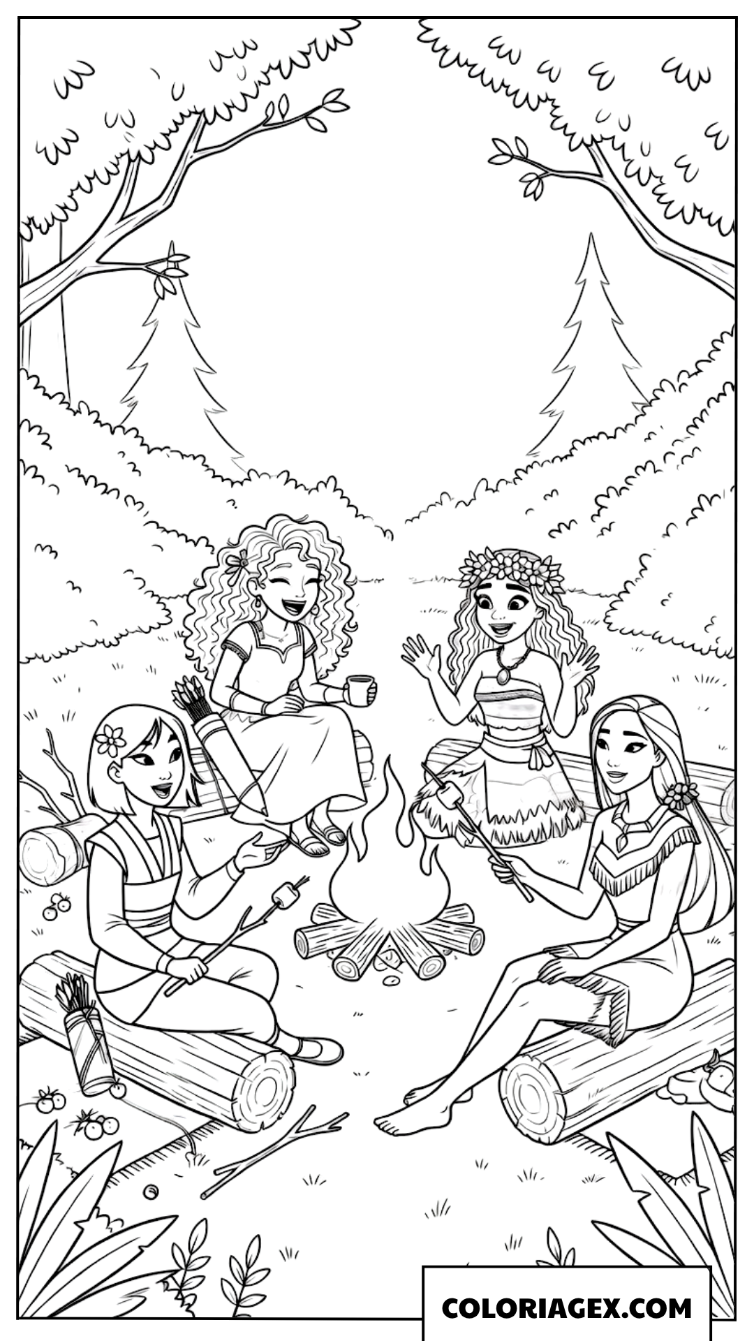 Les princesses Disney campant autour du feu a colorier