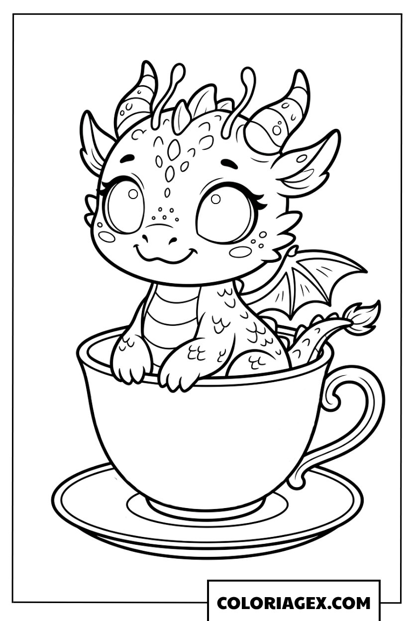 Page de coloriage bébé dragon mignon dans une tasse de thé