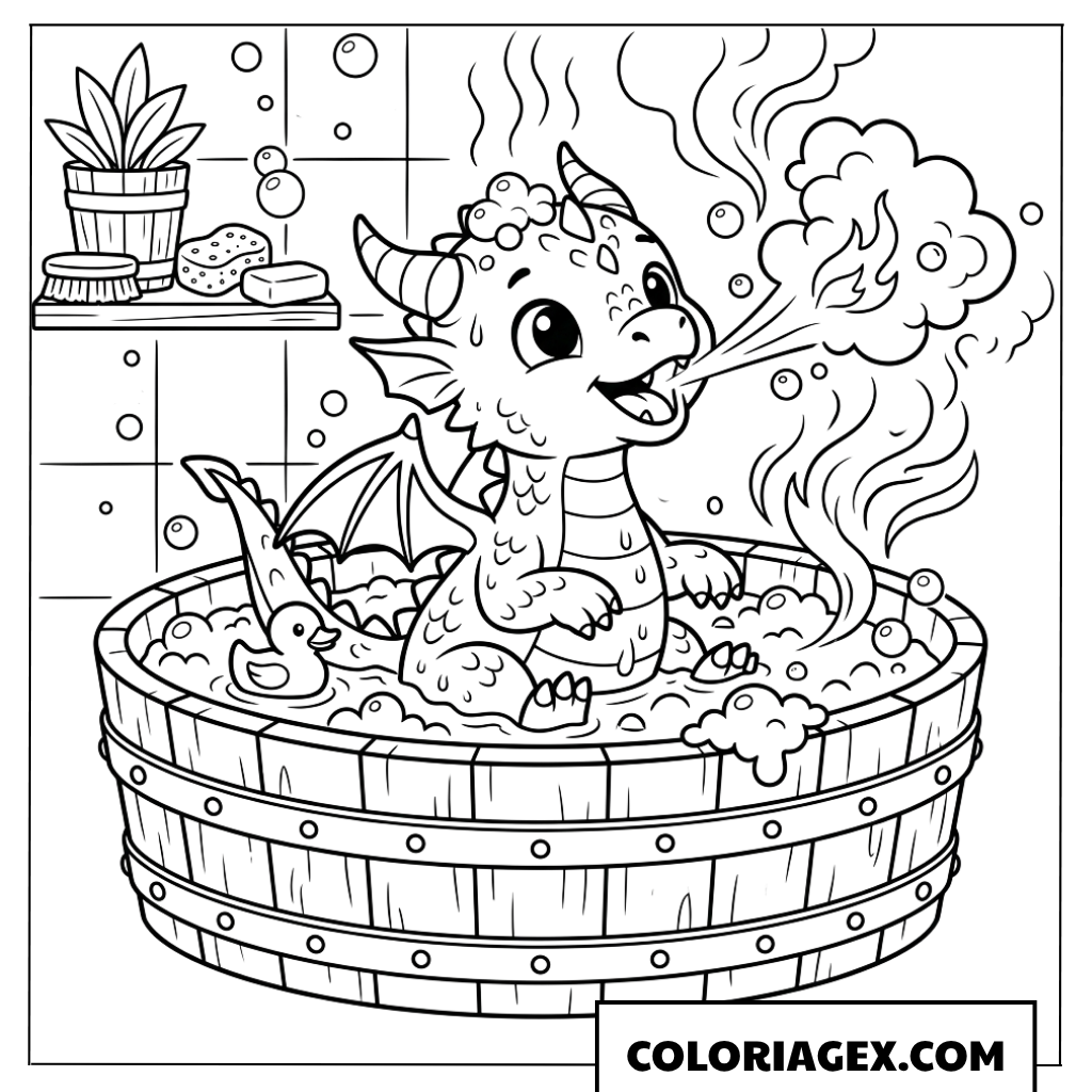 Page de coloriage bébé dragon prend un bain chaud amusant