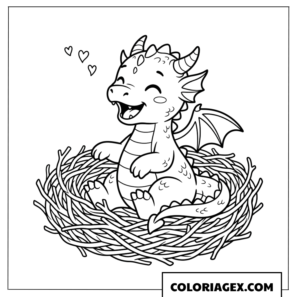 Page de coloriage bébé dragon souriant dans son nid douillet