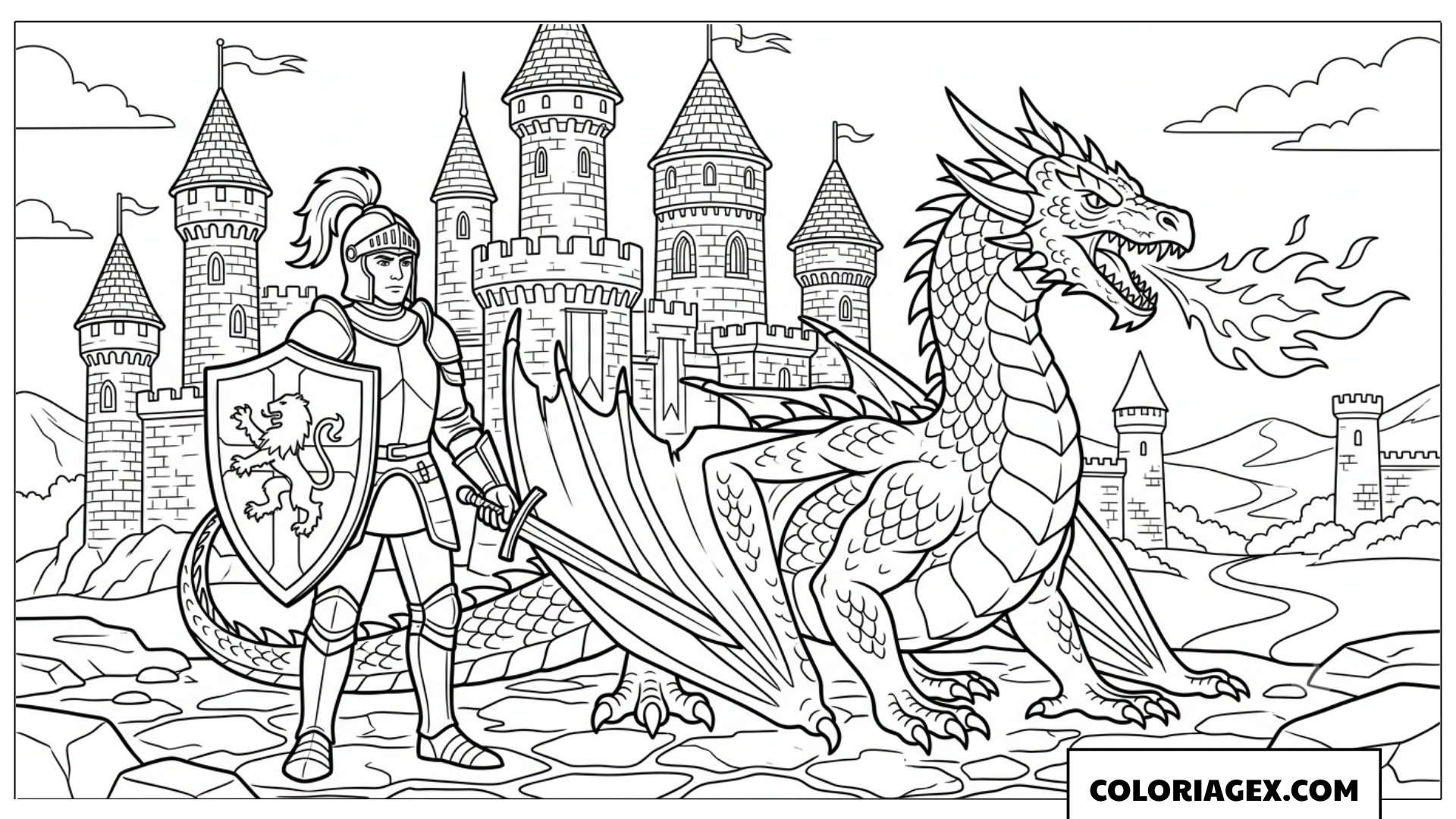 Page de coloriage brave chevalier face au dragon devant le château