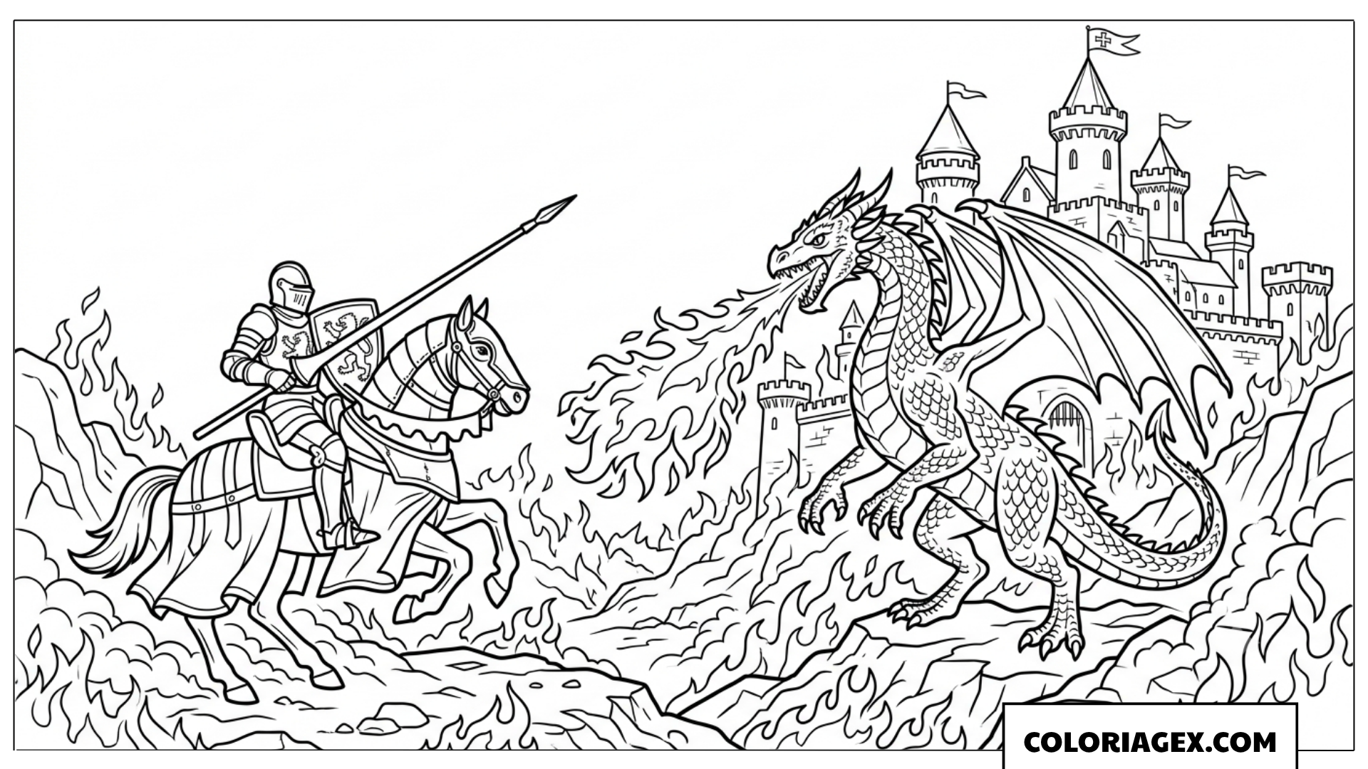 Page de coloriage chevalier à cheval combattant le dragon de feu