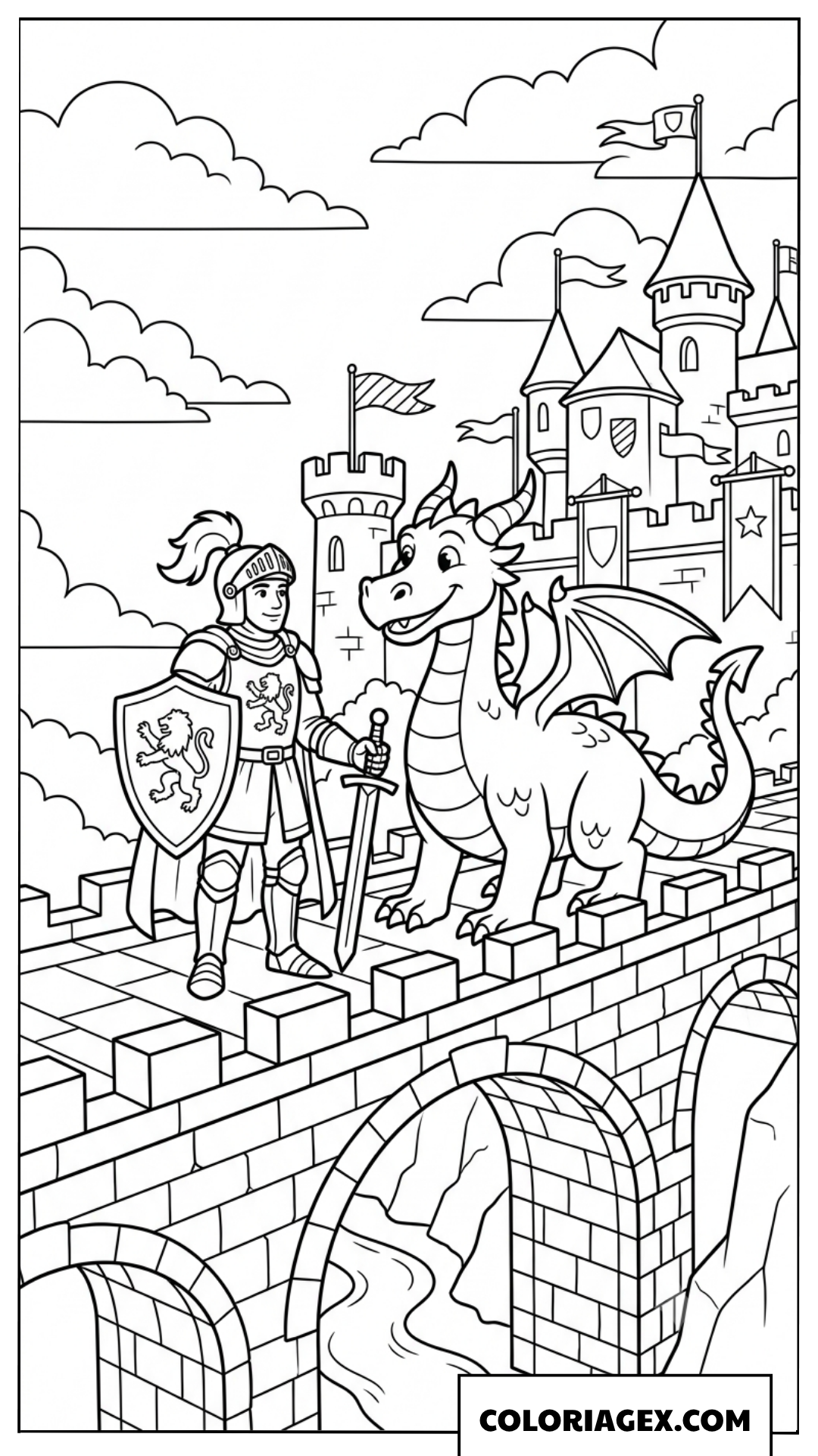 Page de coloriage chevalier et dragon sur un pont de pierre