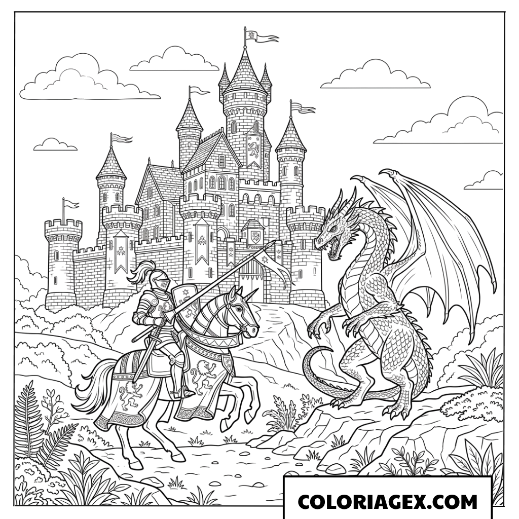Page de coloriage combat de dragons devant un château fort