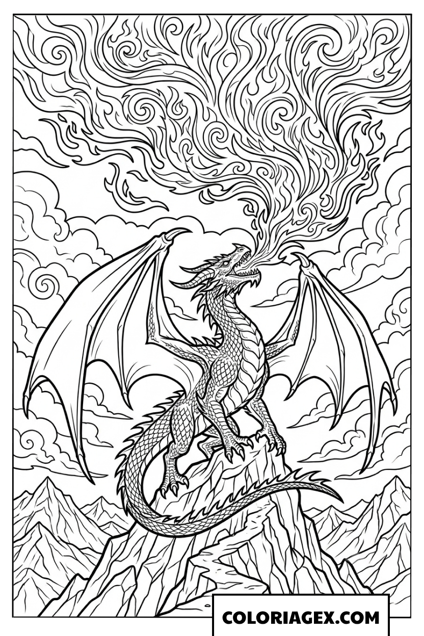 Page de coloriage combat de feu du dragon des montagnes