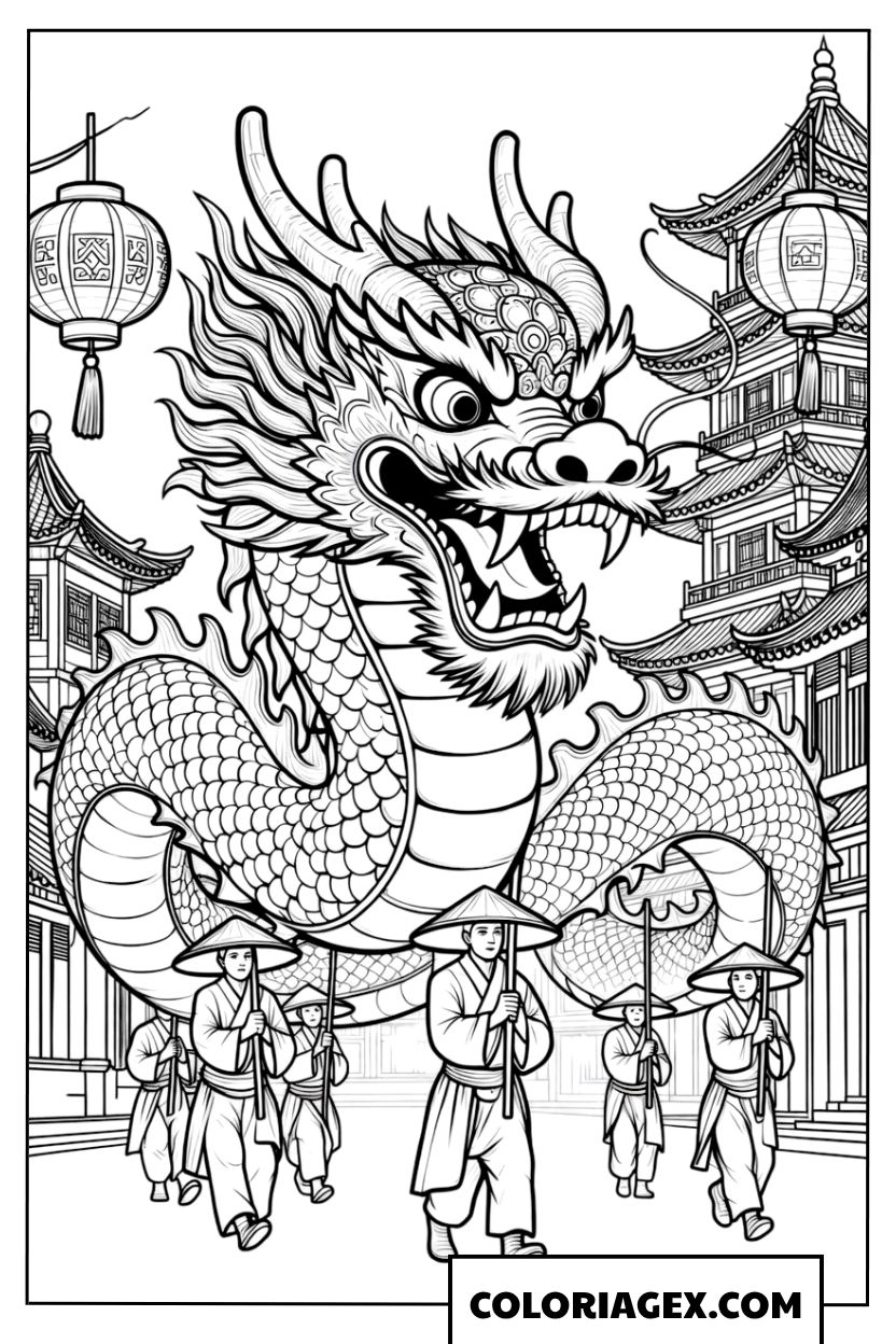 Page de coloriage défilé du dragon lors du Nouvel An Asiatique