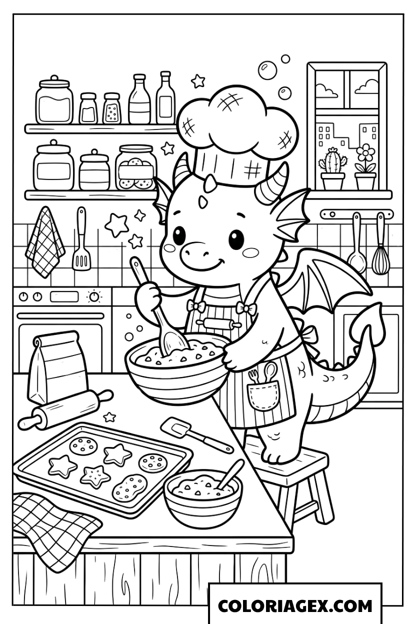 Page de coloriage dragon cuisinier prépare des biscuits