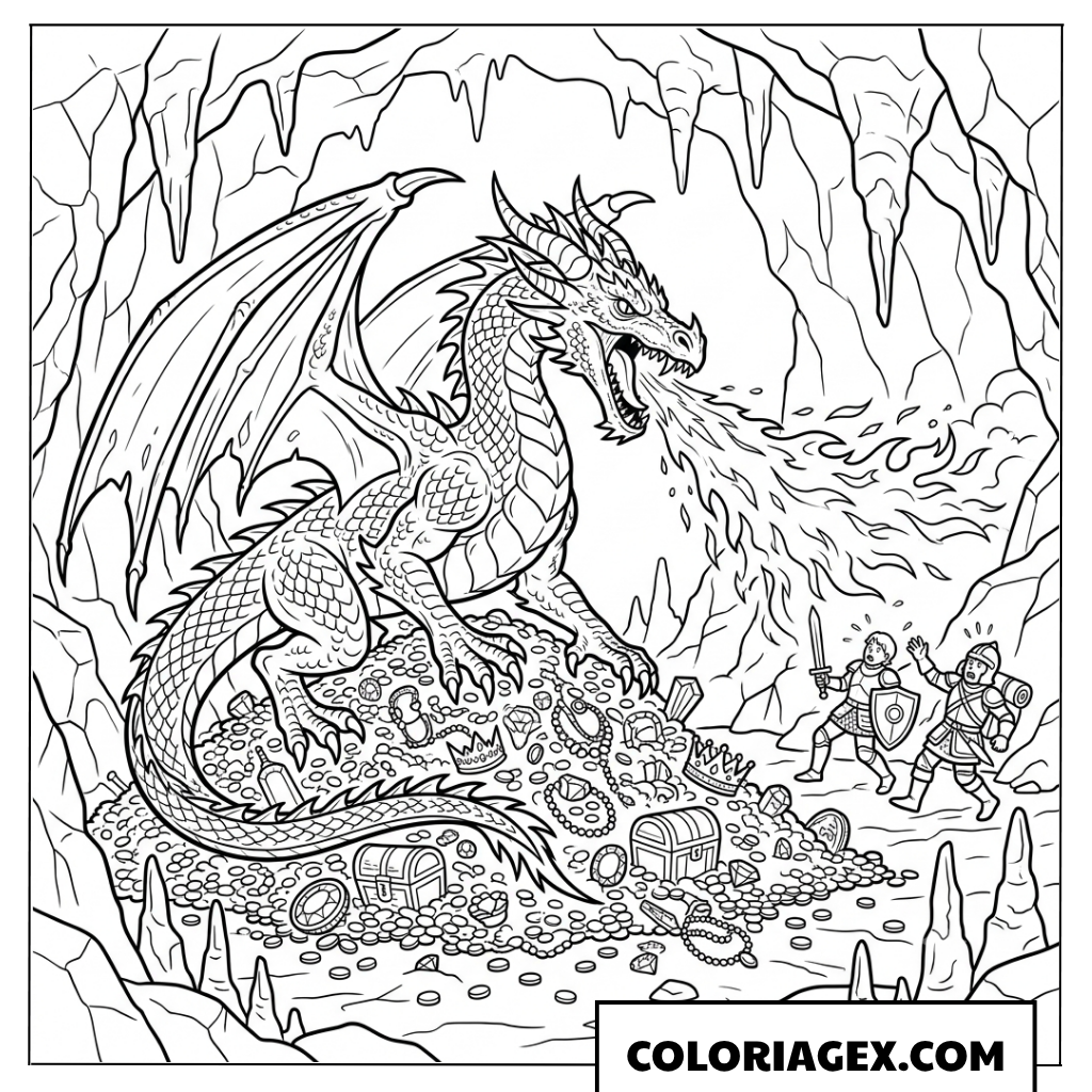 Page de coloriage dragon de feu et son trésor dans une grotte