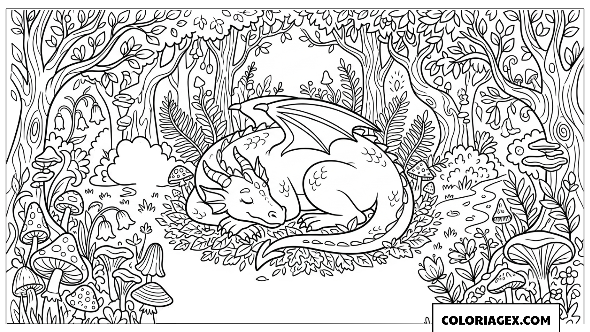 Page de coloriage dragon endormi au cœur de la forêt sauvage