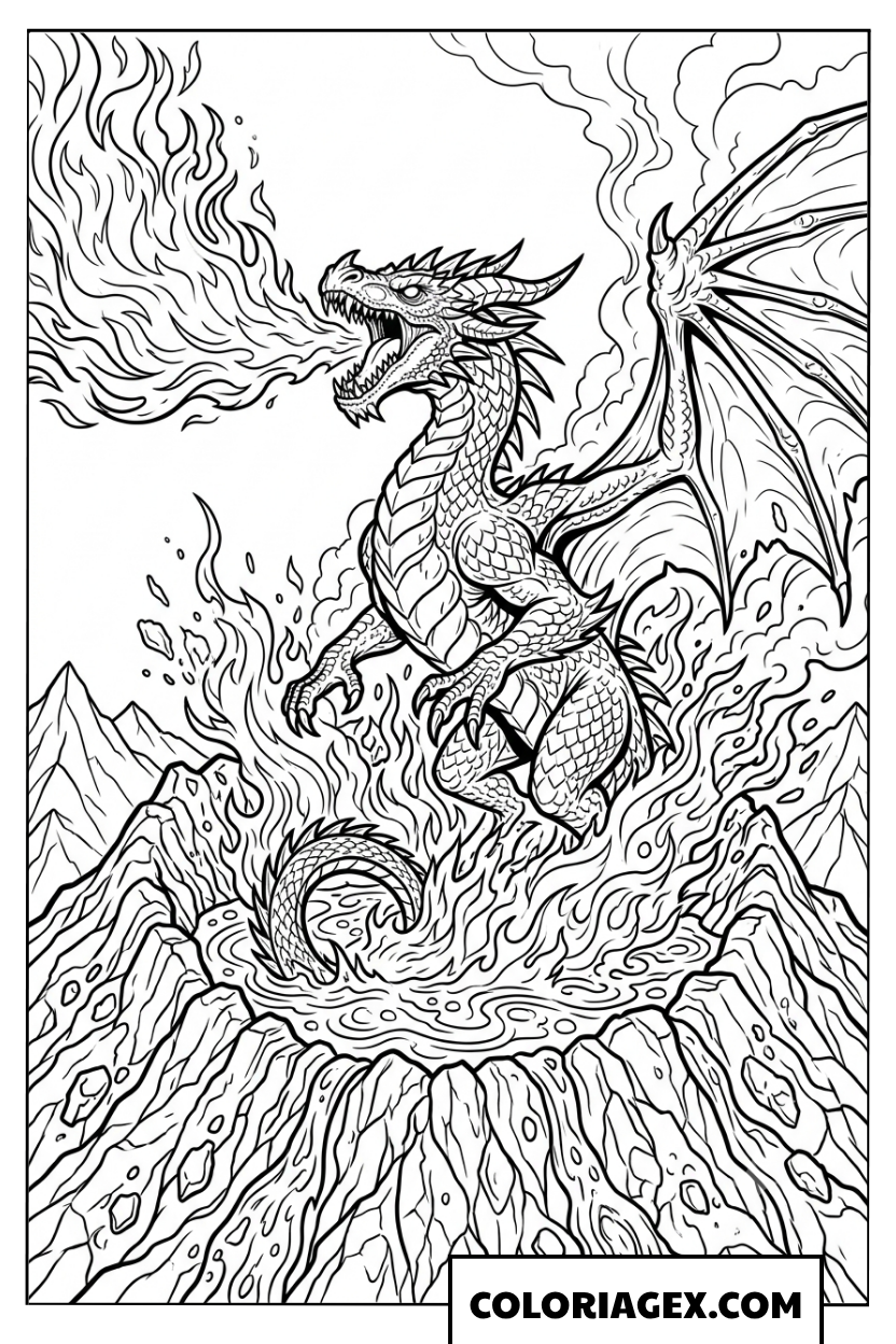Page de coloriage dragon féroce crachant des flammes sur un volcan