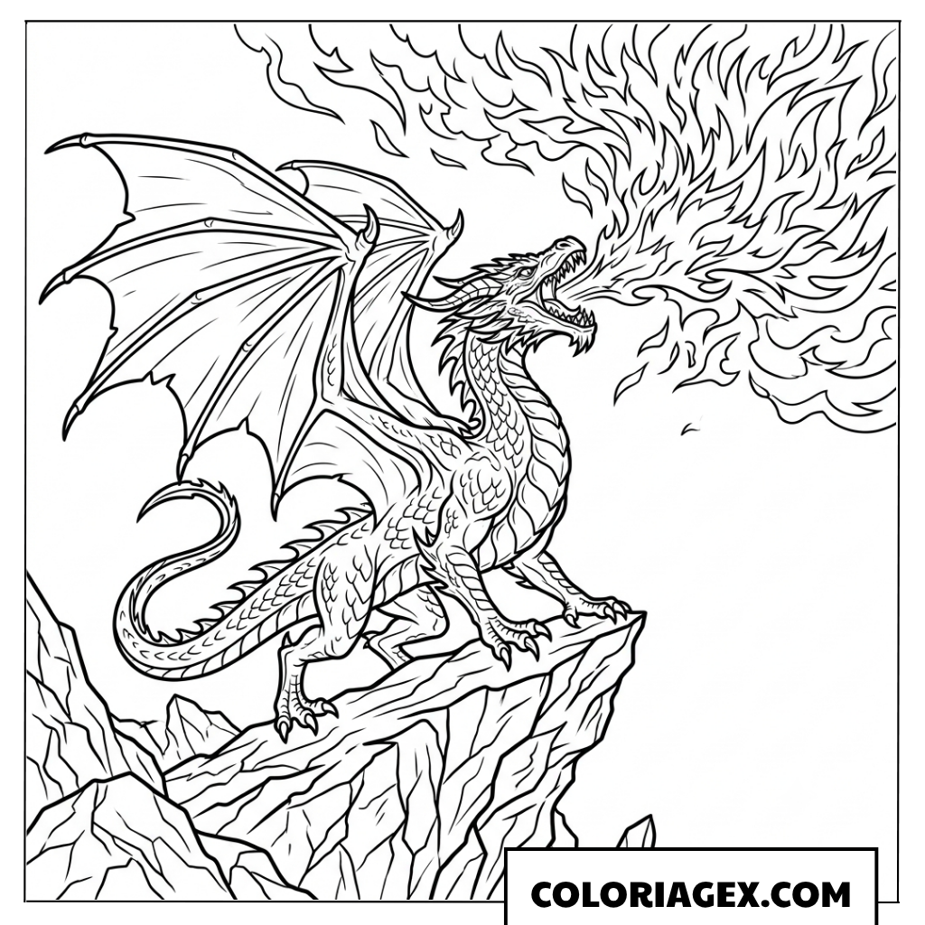 Page de coloriage dragon fier sur un rocher