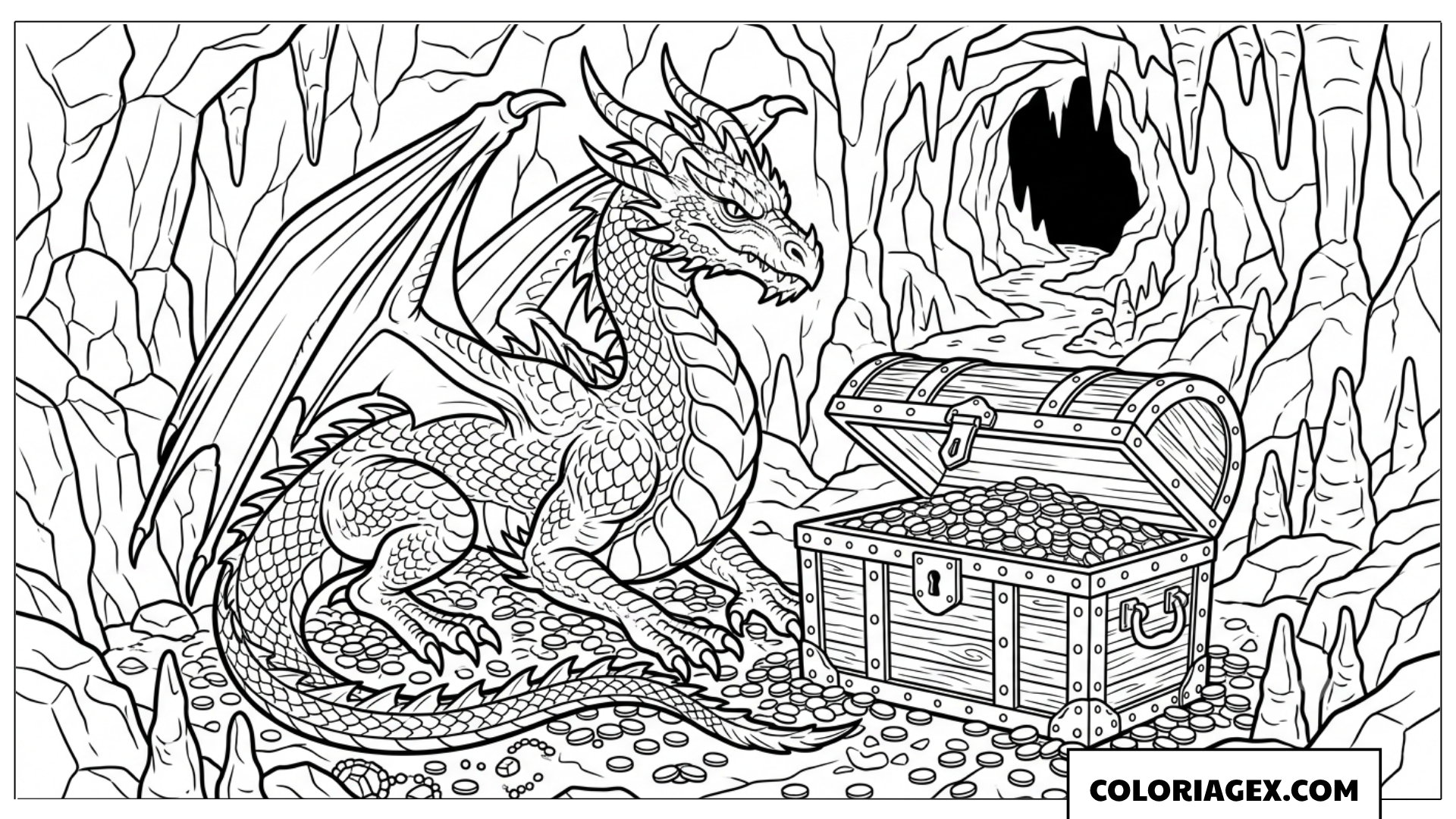 Page de coloriage dragon gardien du coffre au trésor caché