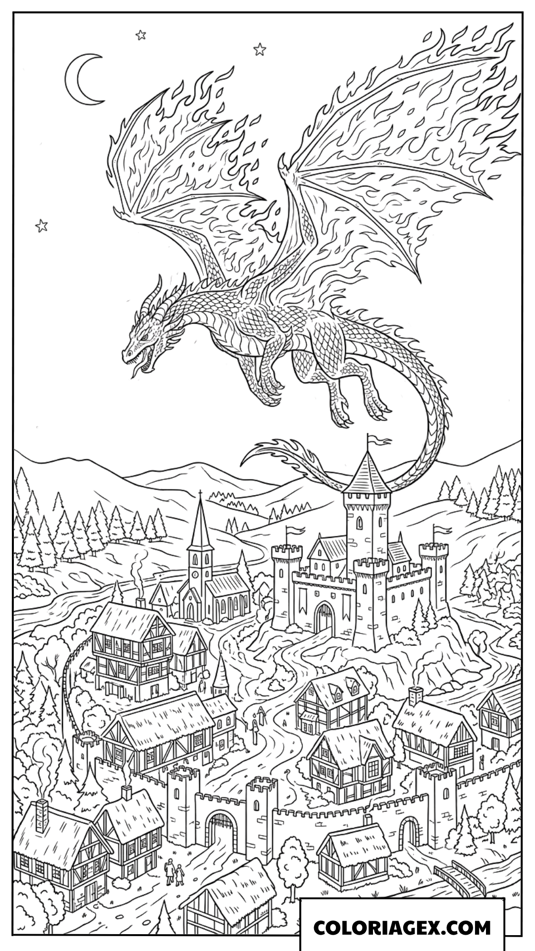 Page de coloriage dragon gardien volant au-dessus du royaume médiéval
