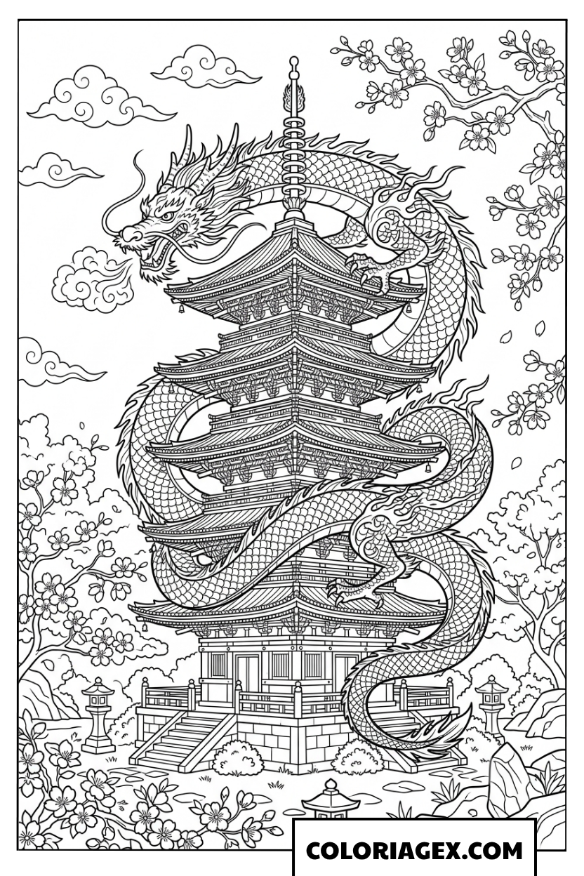 Page de coloriage dragon impérial enroulé autour d'une pagode