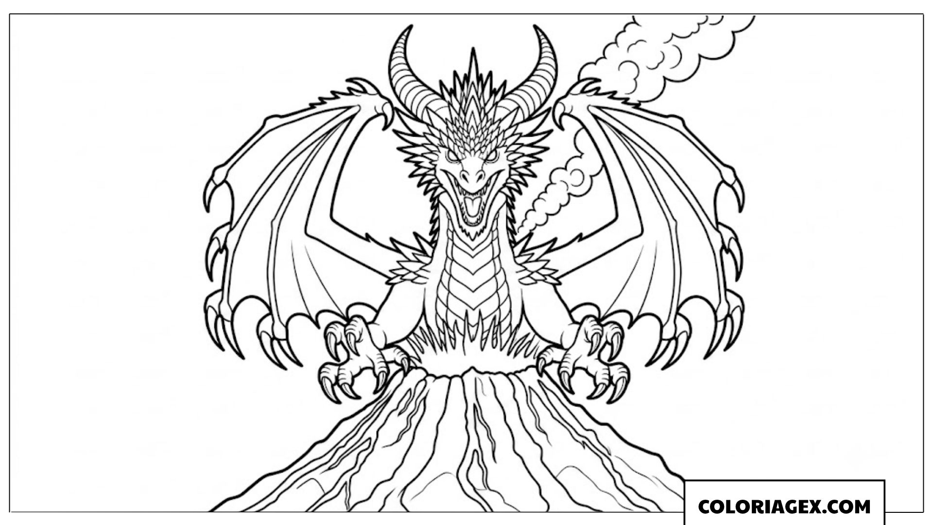 Page de coloriage dragon majestueux surgissant d'une montagne