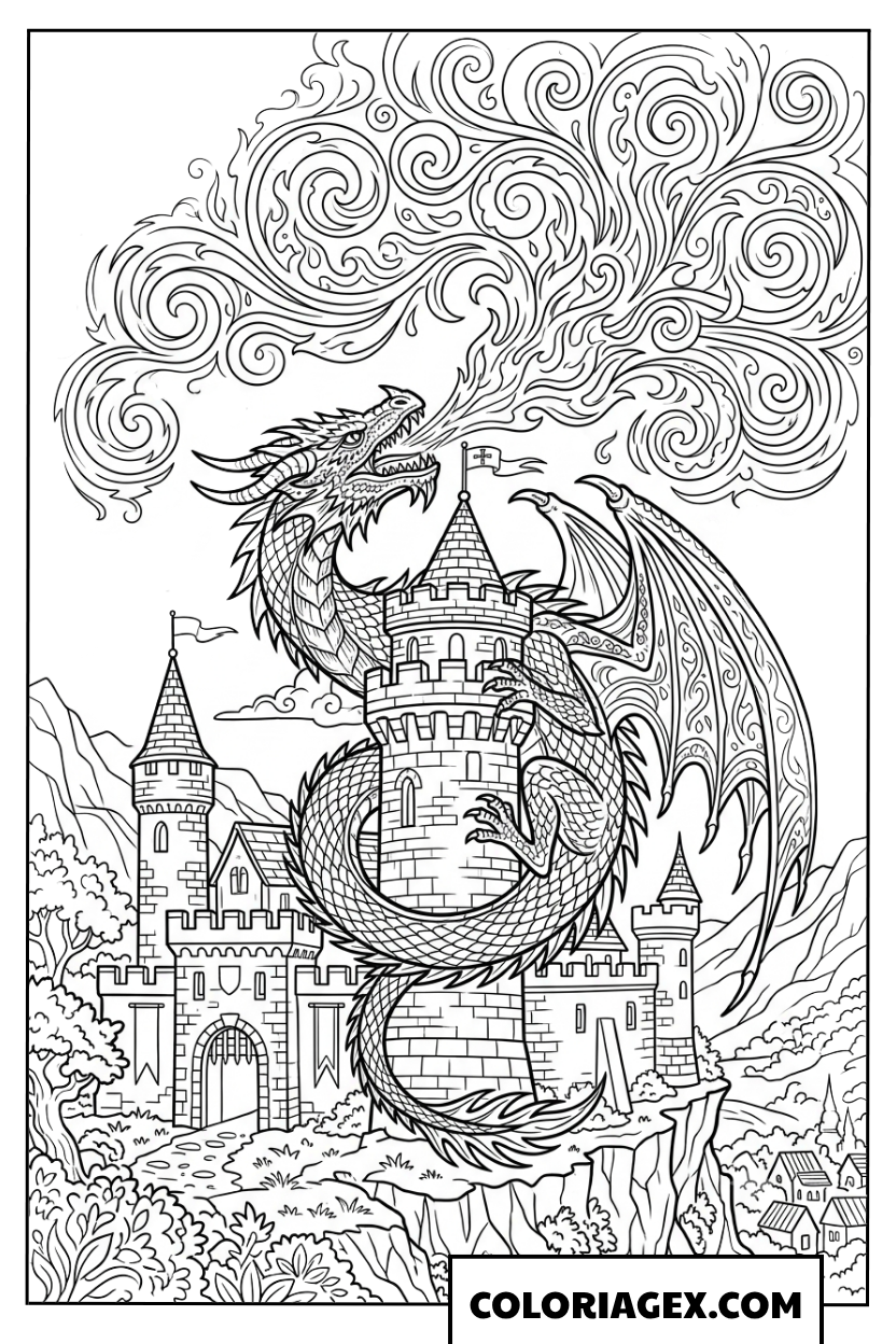 Page de coloriage dragon mystique protégeant son nid en feu