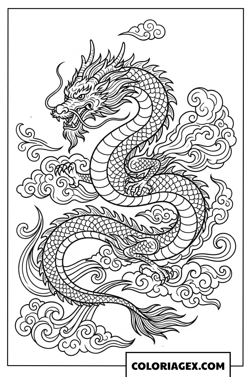 Page de coloriage dragon oriental traditionnel parmi les nuages