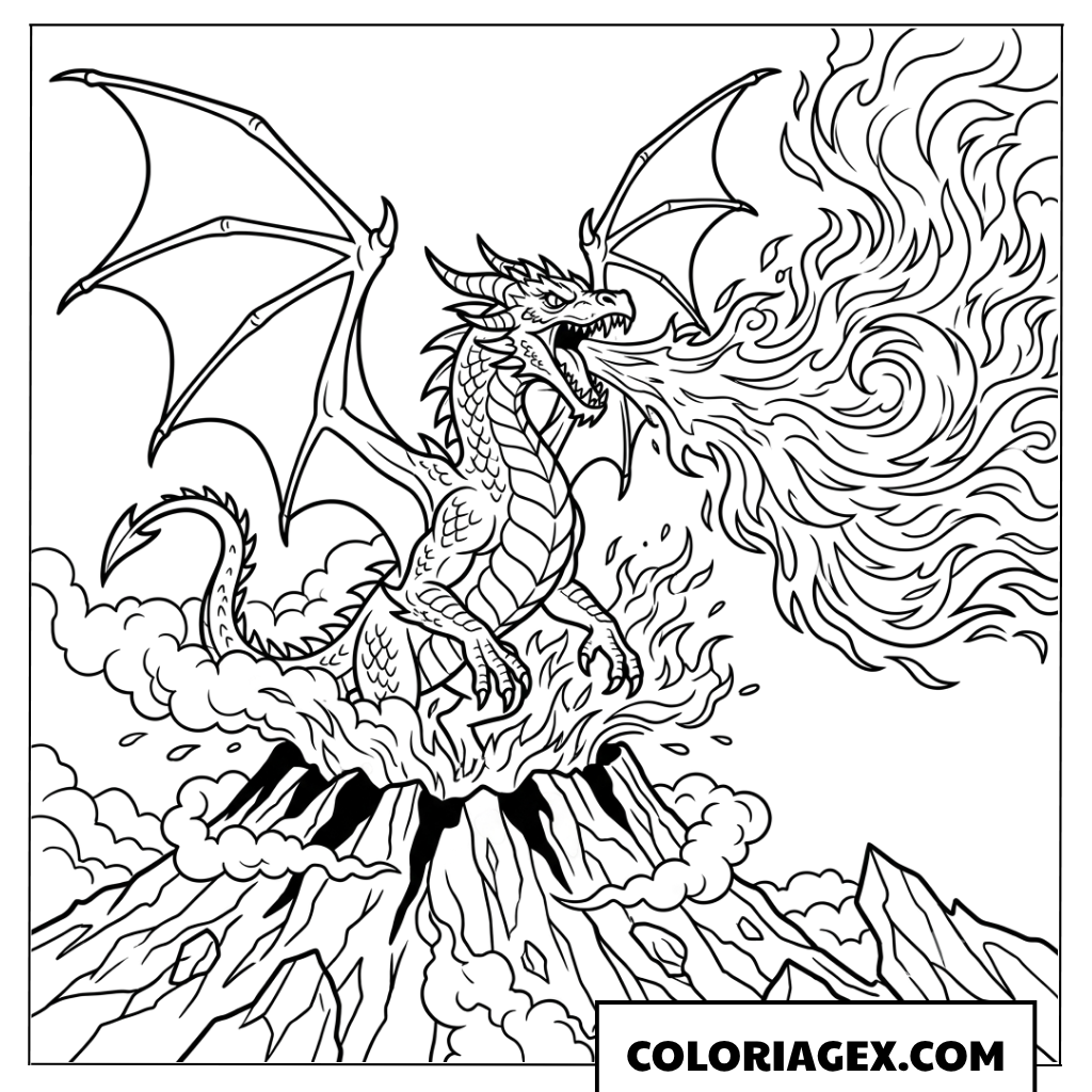 Page de coloriage dragon puissant crachant du feu sur un volcan