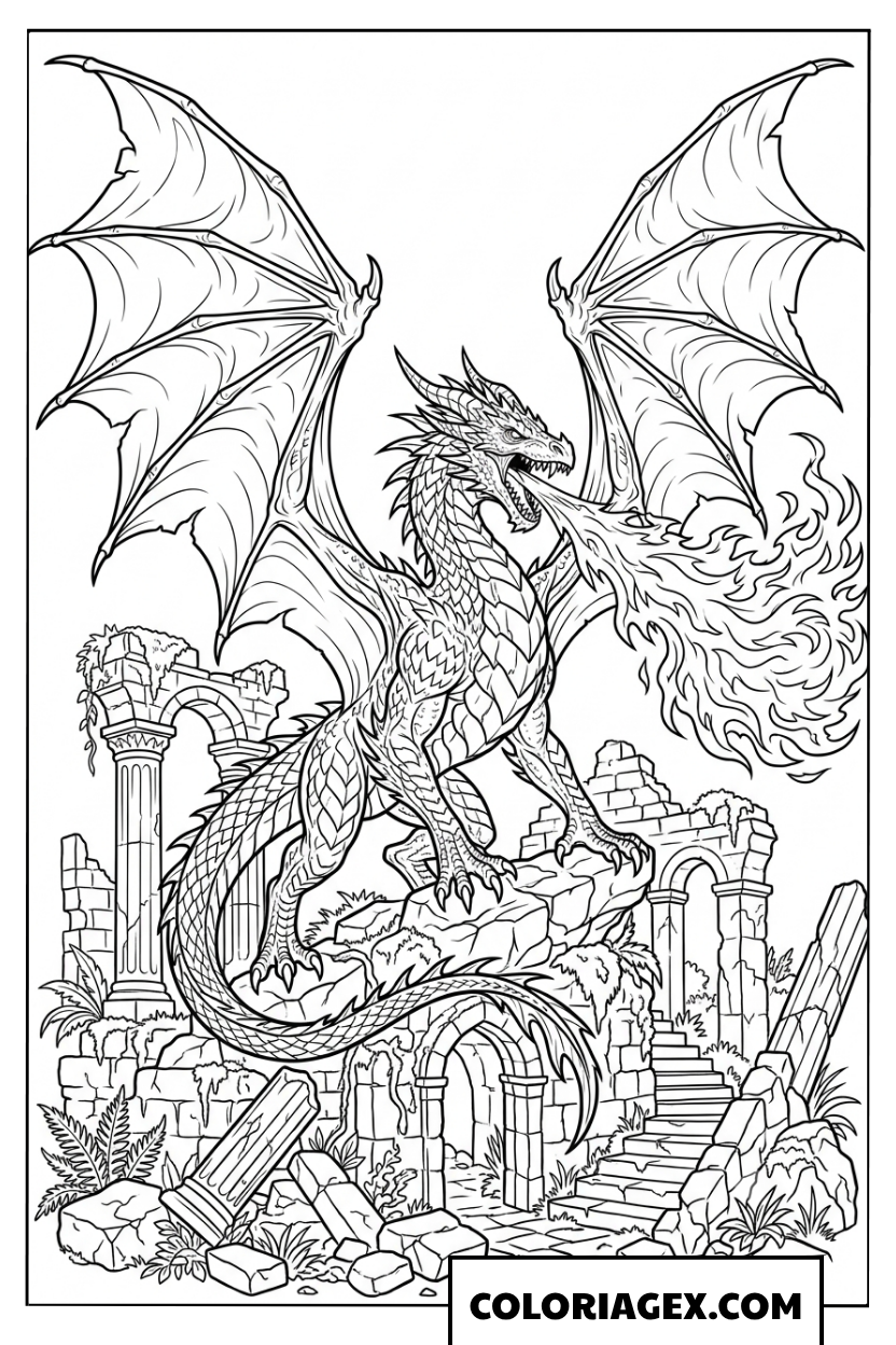 Page de coloriage dragon puissant et ruines antiques enflammées
