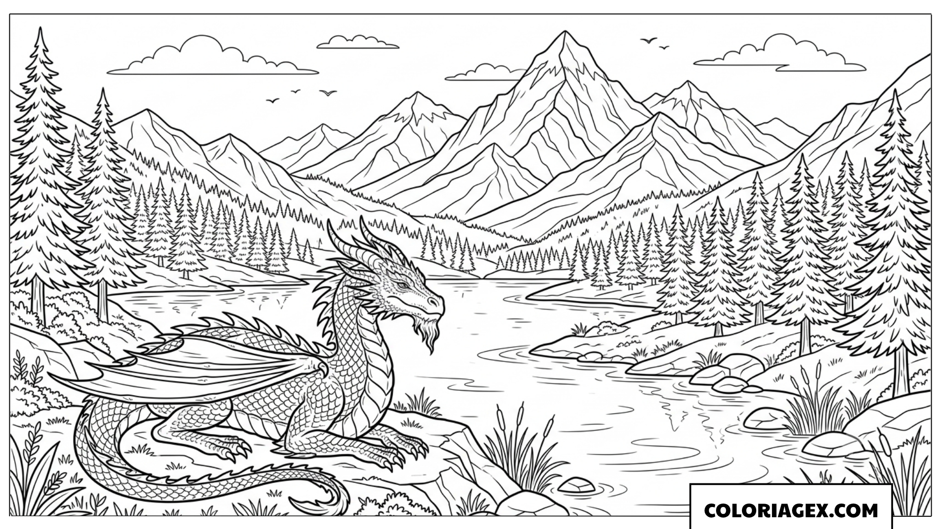 Page de coloriage dragon solitaire au bord d'une rivière de montagne