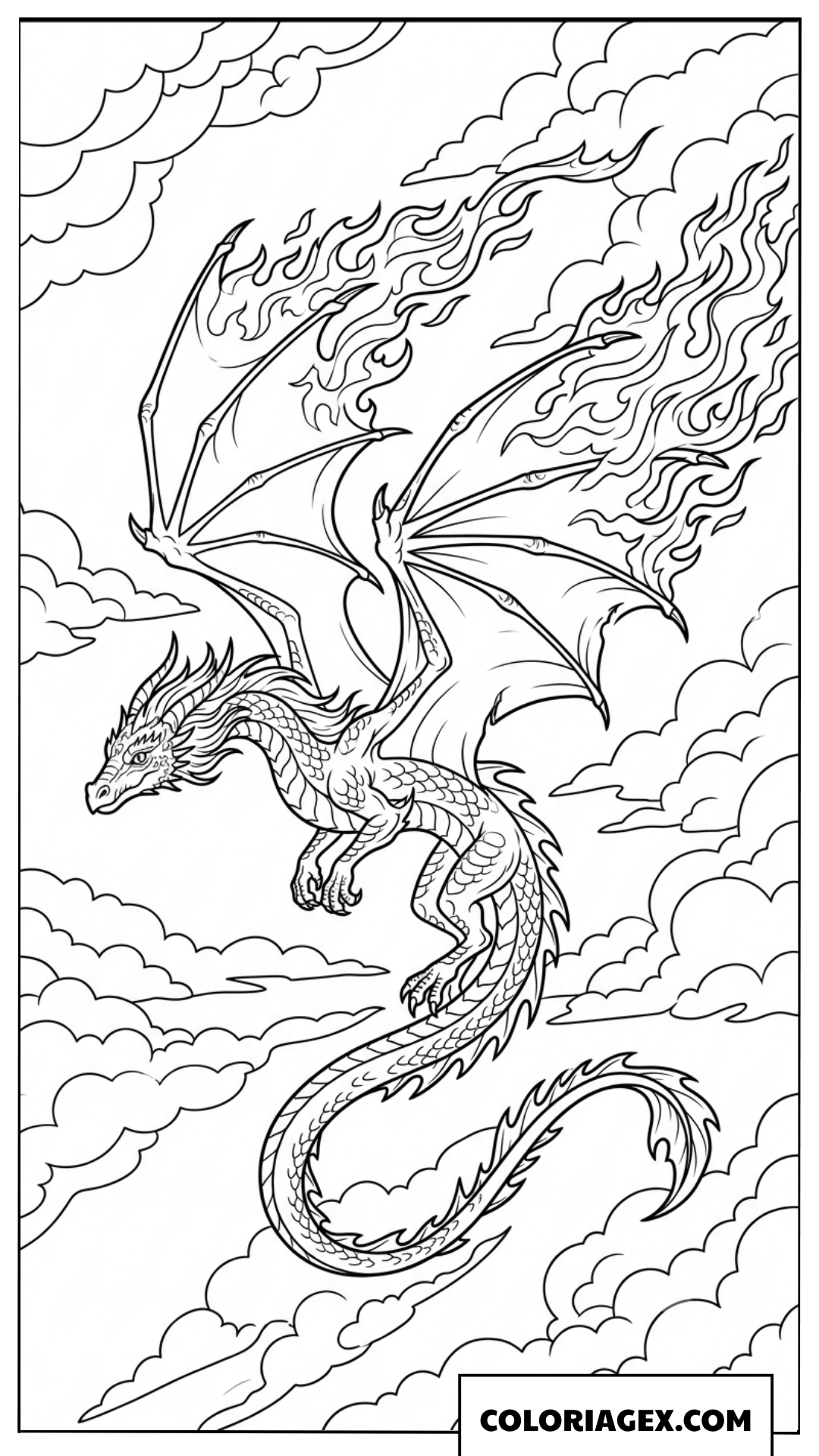 Page de coloriage dragon volant à travers les nuages de fumée