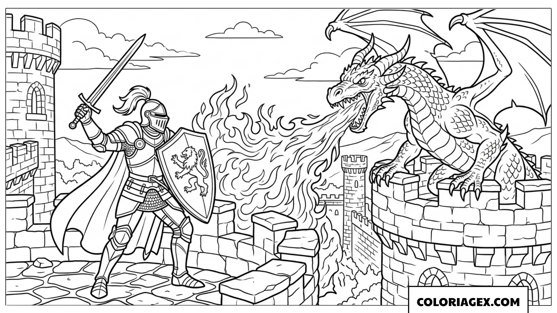 Page de coloriage duel entre un chevalier et un dragon sur la muraille