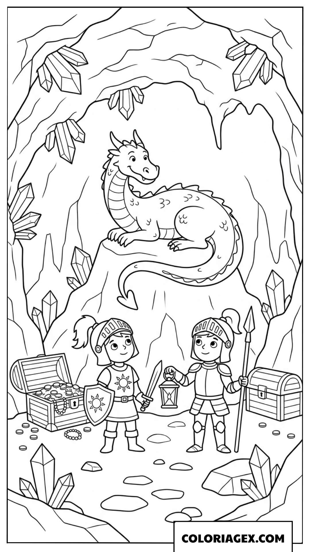 Page de coloriage explorateurs découvrent un dragon dans une grotte