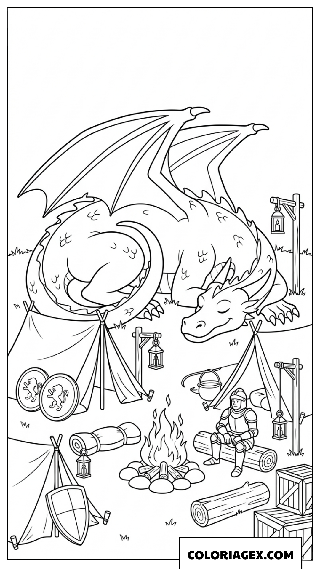 Page de coloriage grand dragon ailé près d'un campement