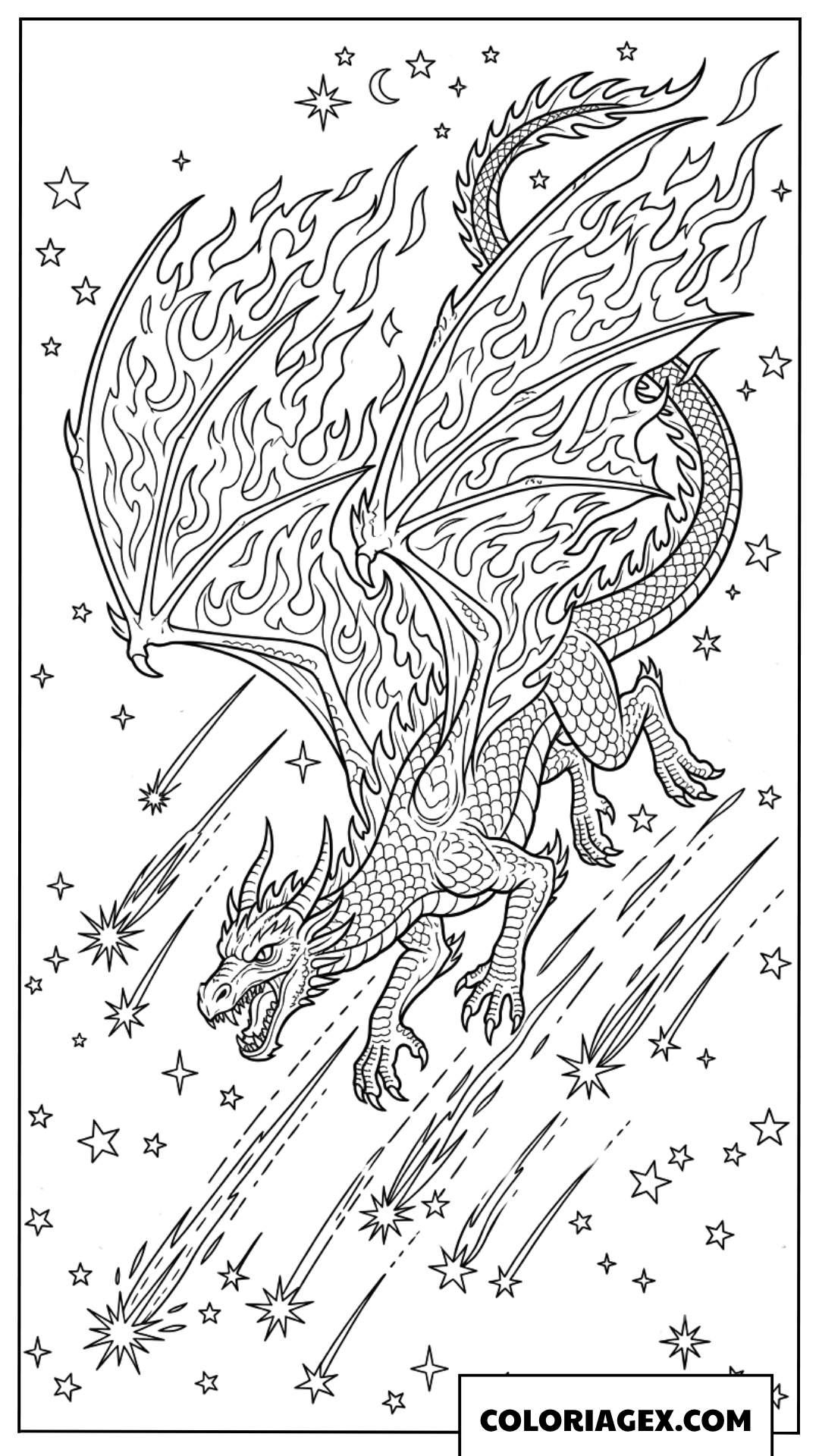 Page de coloriage grand dragon plongeant sous une pluie d'étoiles