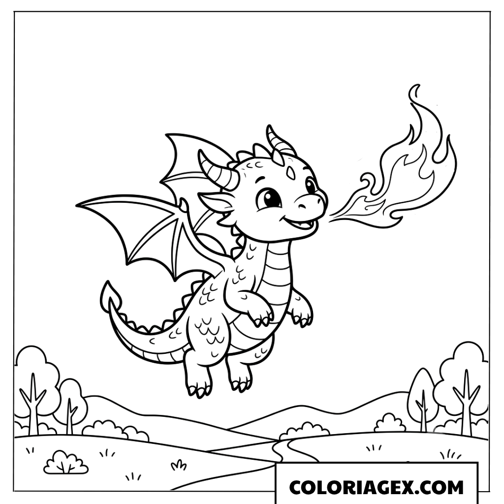 Page de coloriage joyeux bébé dragon volant dans la vallée
