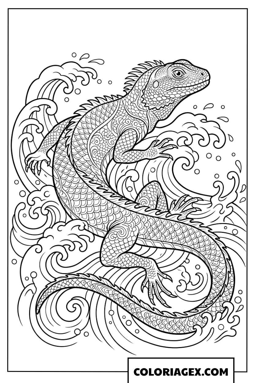Page de coloriage lézard dragon fantastique dans les vagues