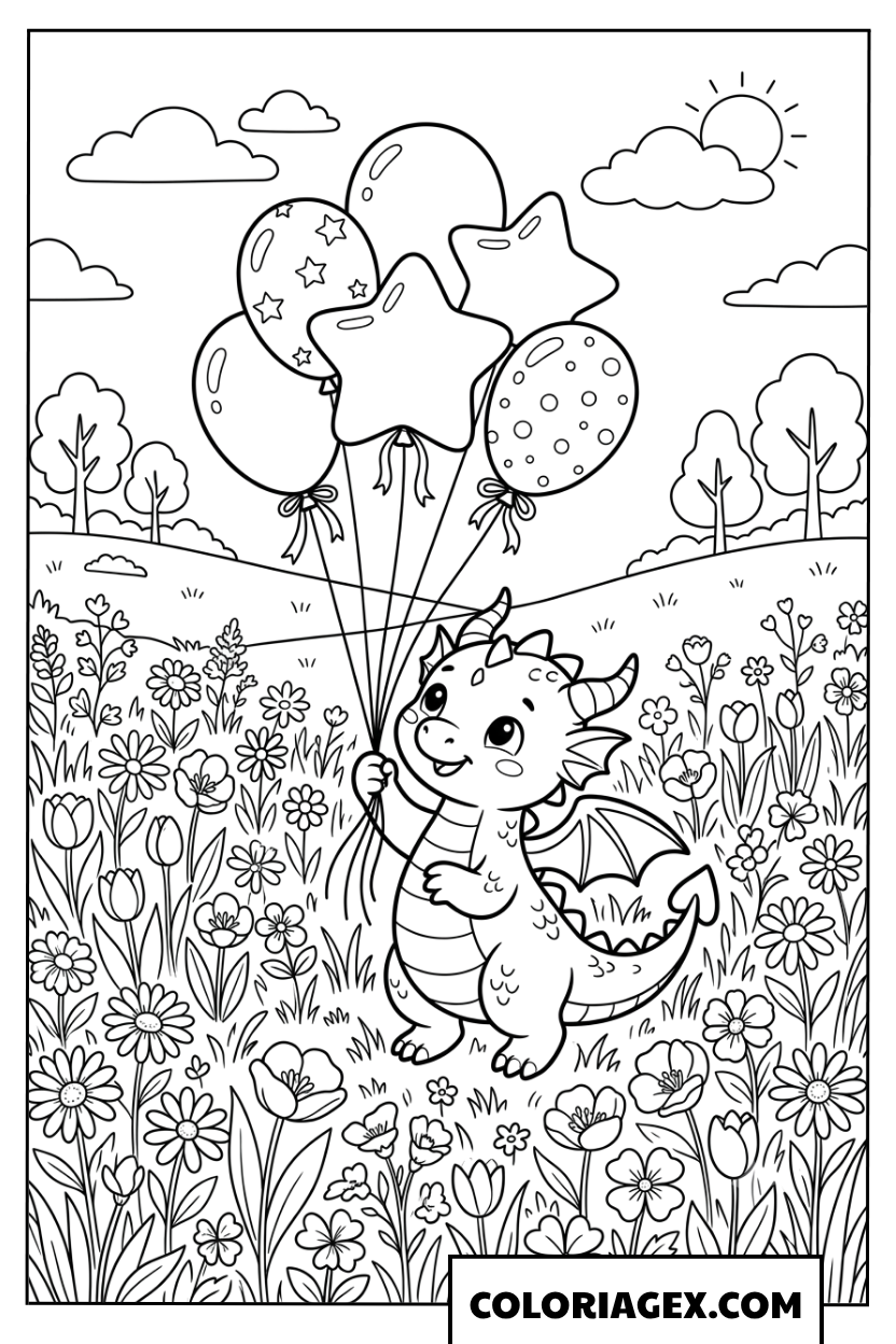 Page de coloriage mignon dragon avec des ballons dans un champ