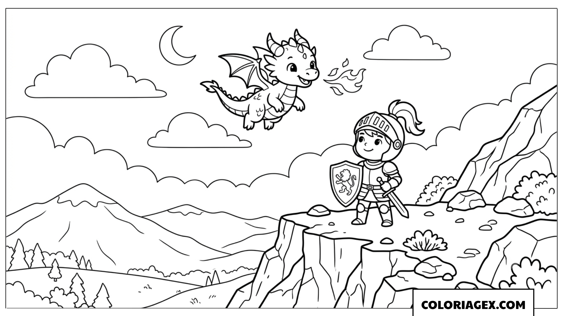 Page de coloriage petit chevalier et mini dragon sur la falaise