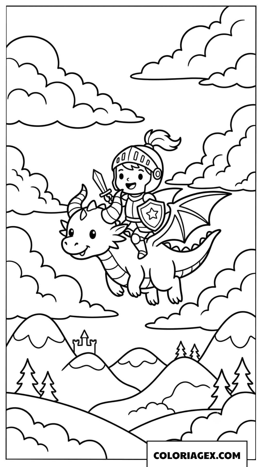 Page de coloriage petit chevalier volant sur son dragon