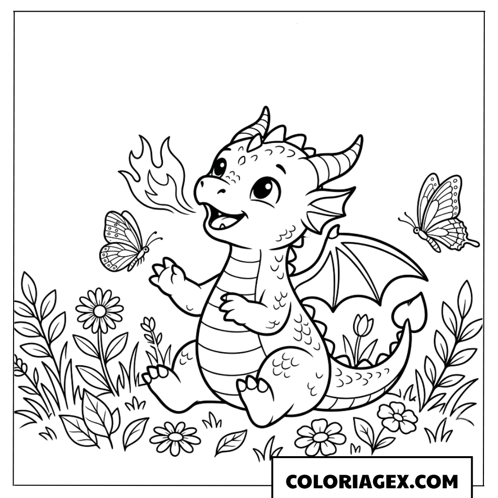 Page de coloriage petit dragon joue avec des papillons dans le jardin
