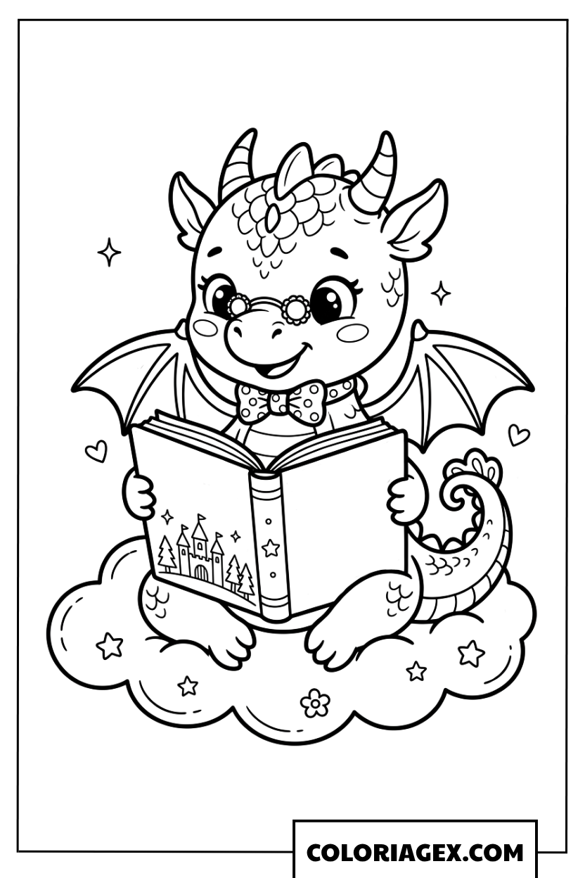 Page de coloriage petit dragon lit un livre sur un nuage