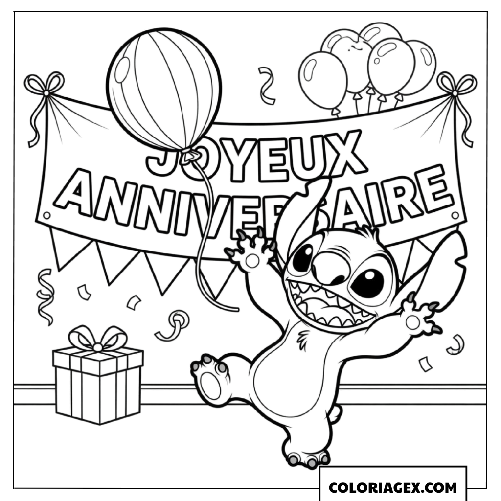Stitch dansant joyeusement sous une bannière de joyeux anniversaire