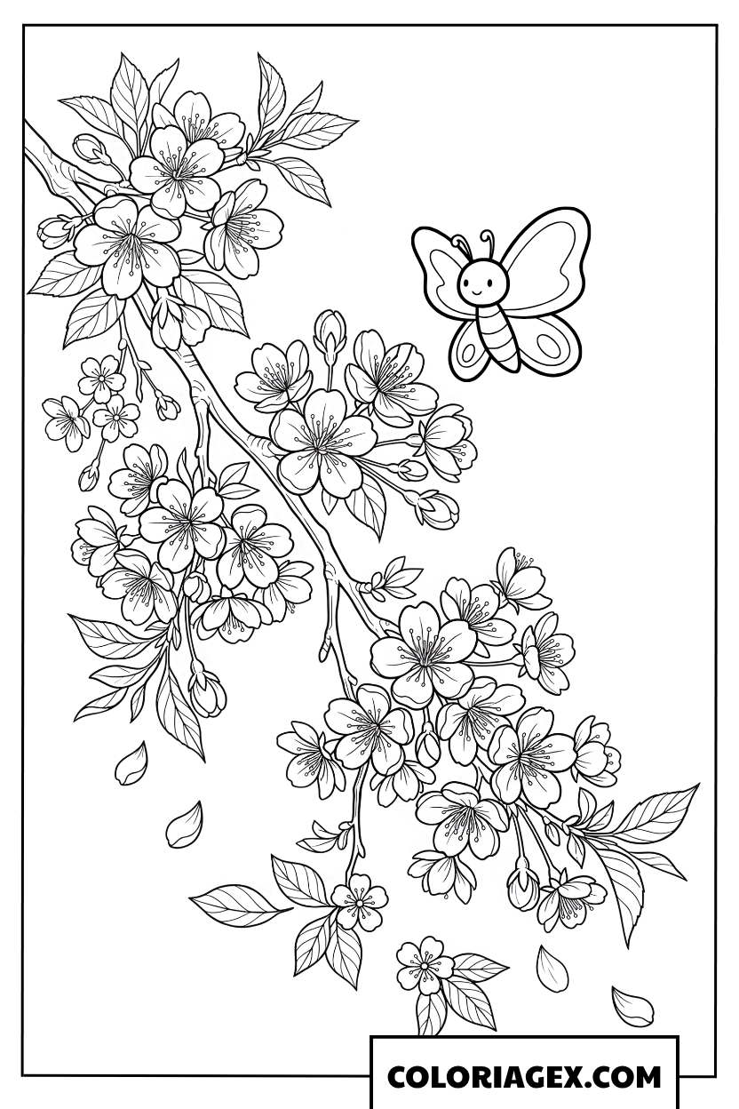 Coloriage Branche de fleurs de cerisier et papillon