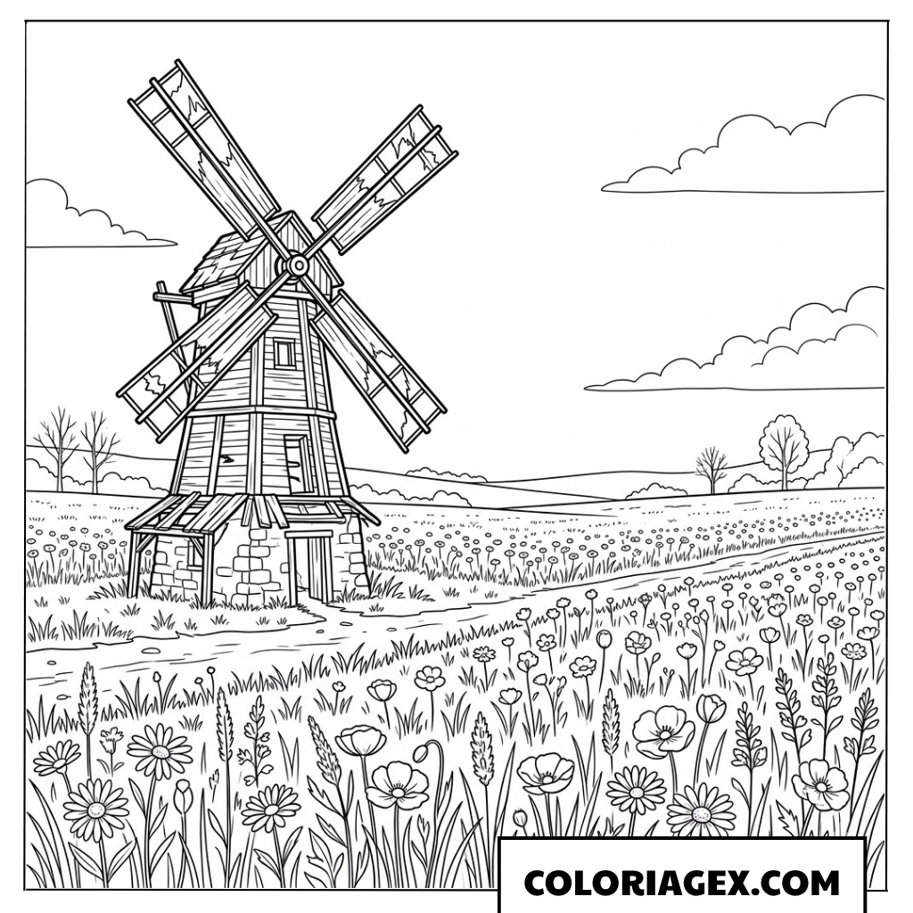 Coloriage Champ avec moulin à vent