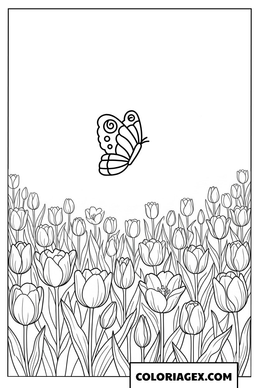 Coloriage Champ de fleurs et papillon