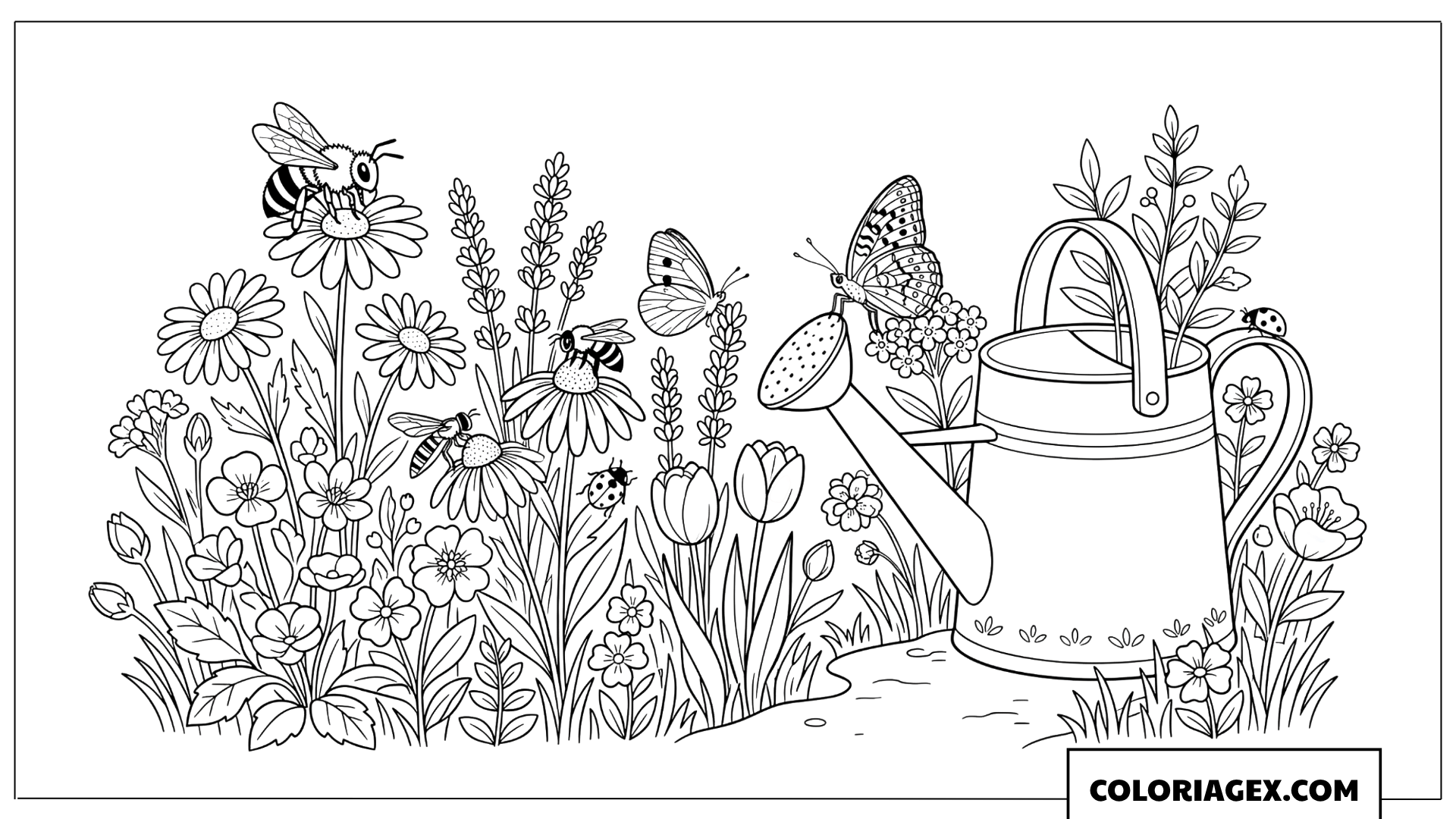 Coloriage Coin de jardin fleuri avec insectes