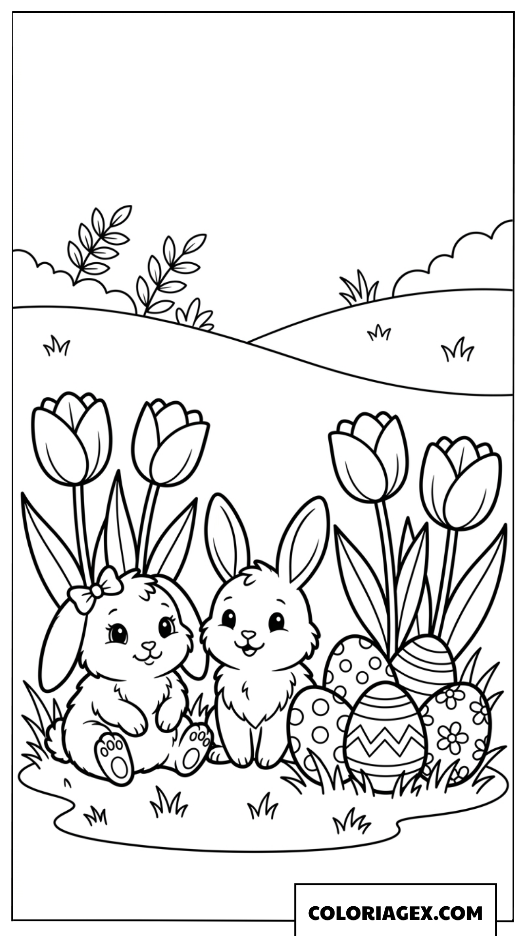 Coloriage Deux lapins au milieu des fleurs