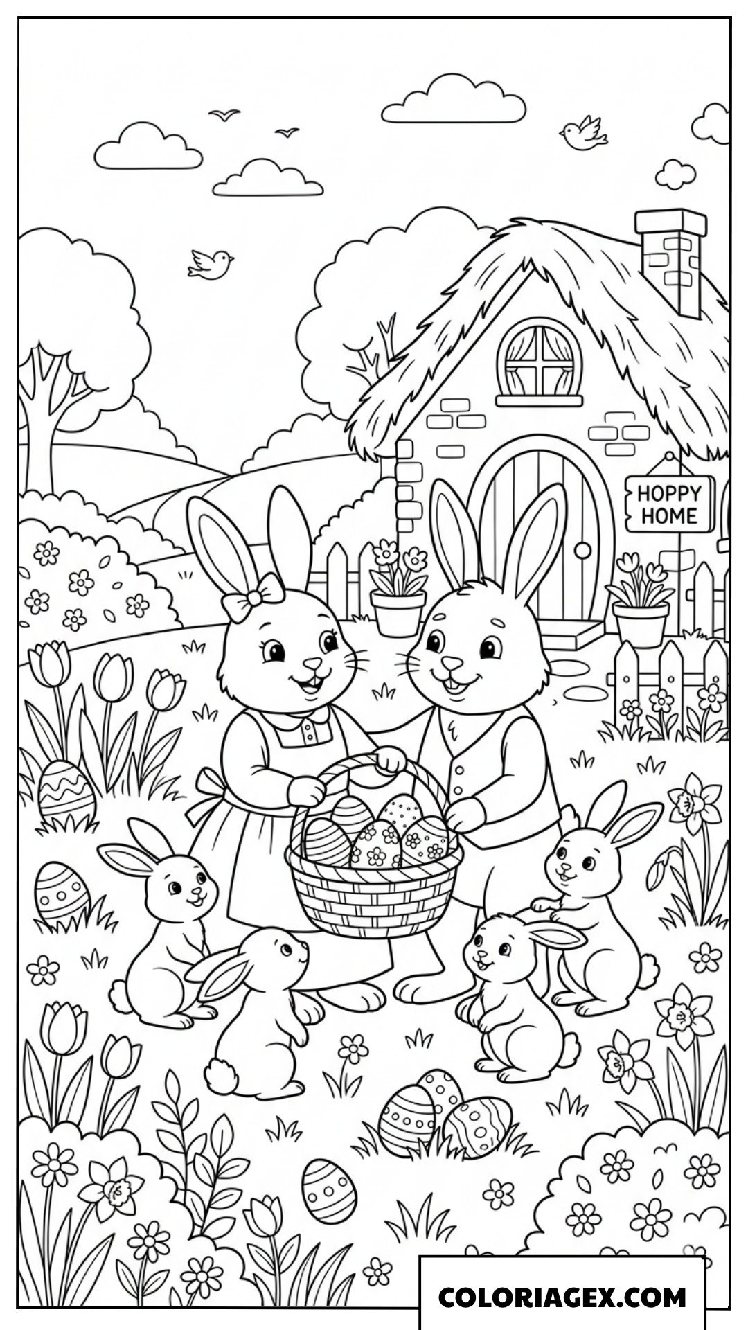 Coloriage Famille de lapins célébrant la fête
