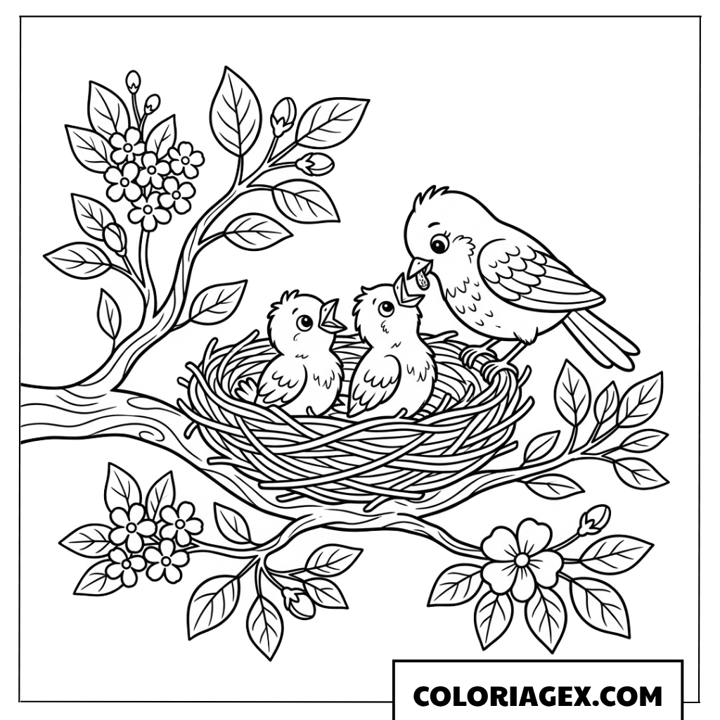 Coloriage Nid d’oisillons sur une branche